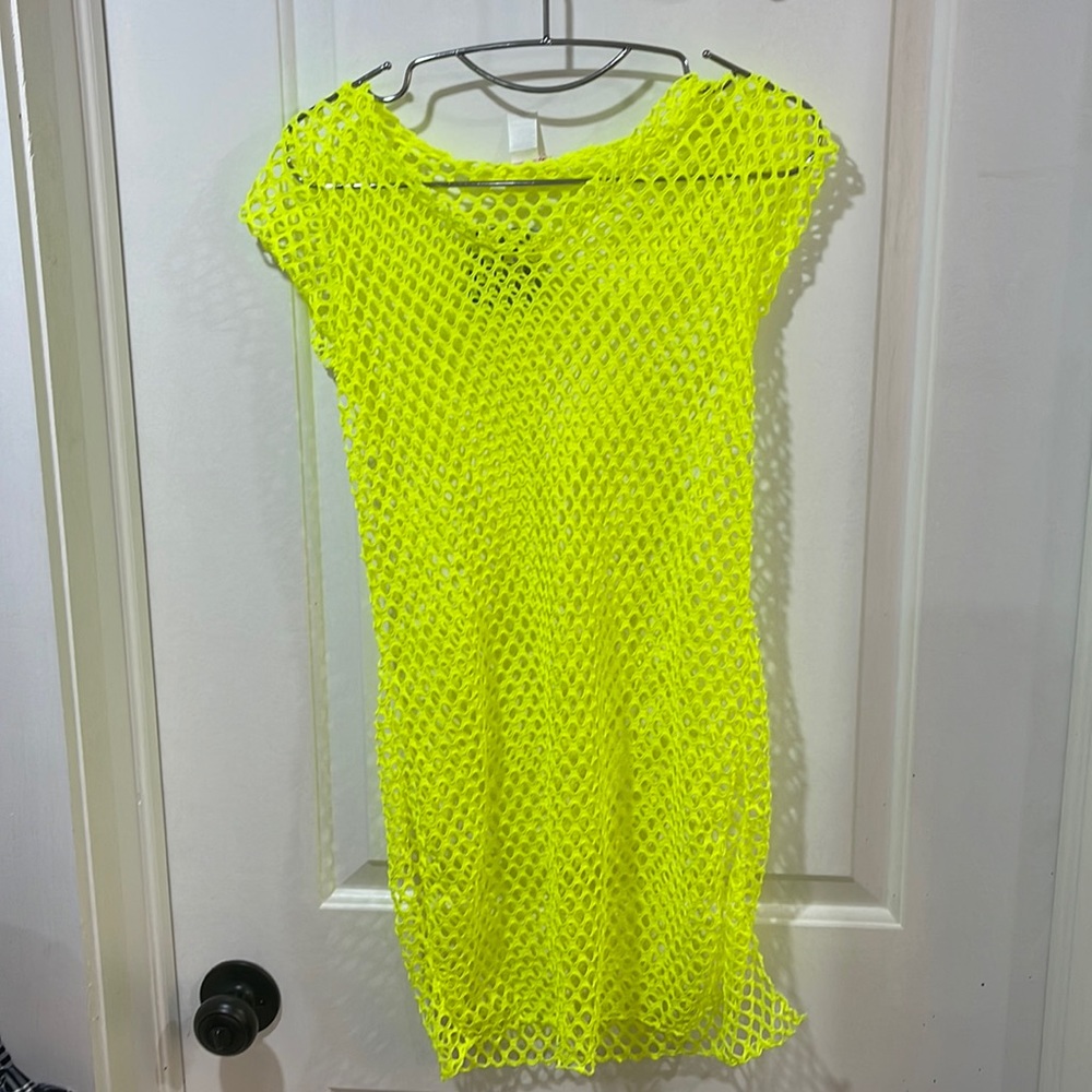 Neon green fish net dress for putting over bathing suit